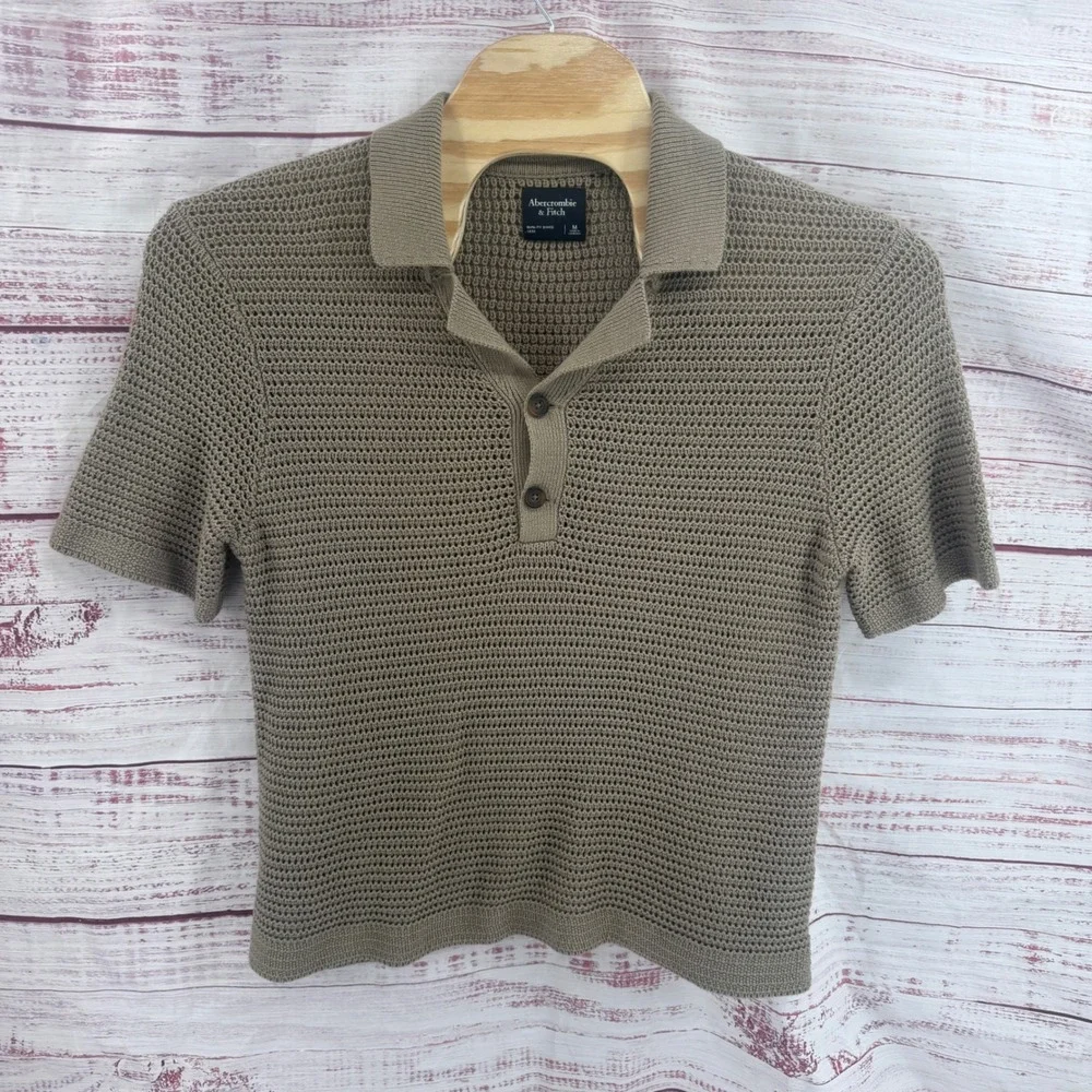 Abercrombie & Fitch Polo Shirt Mens Medium Taupe Brown Crochet Open Stitch